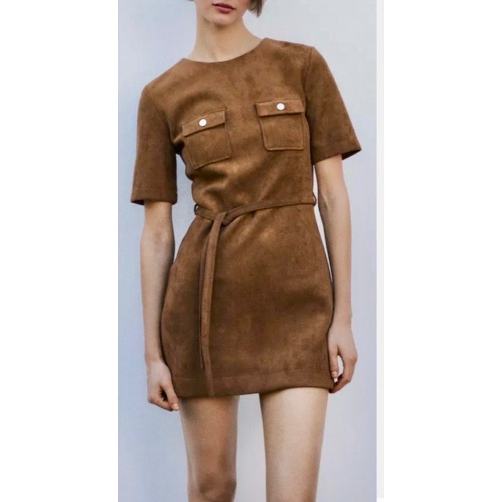 Zara Faux Suede Belted Mini‎ Dress Brown Short Sleeve Utility  Small NWT